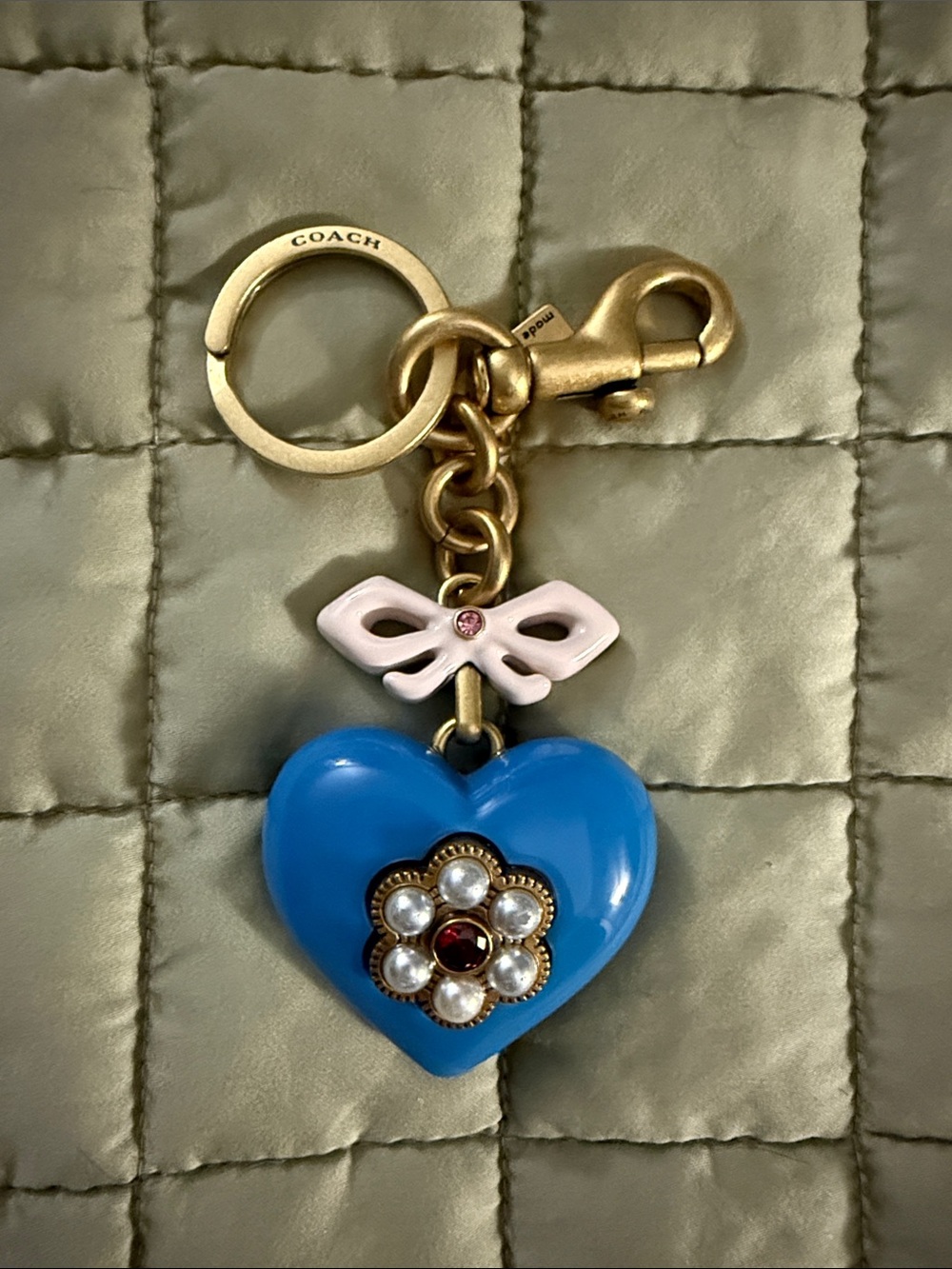 Coach Blue Heart Charm Keychain with white Bow